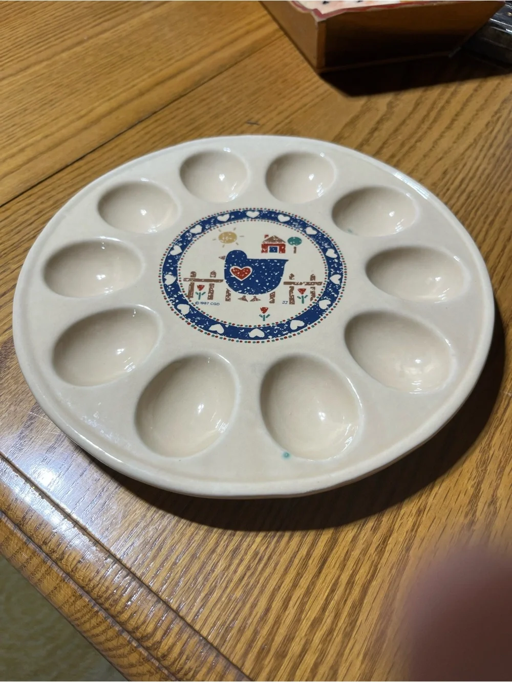 Ceramic Egg Platter with Blue Folk Art Chicken 9 In Diameter